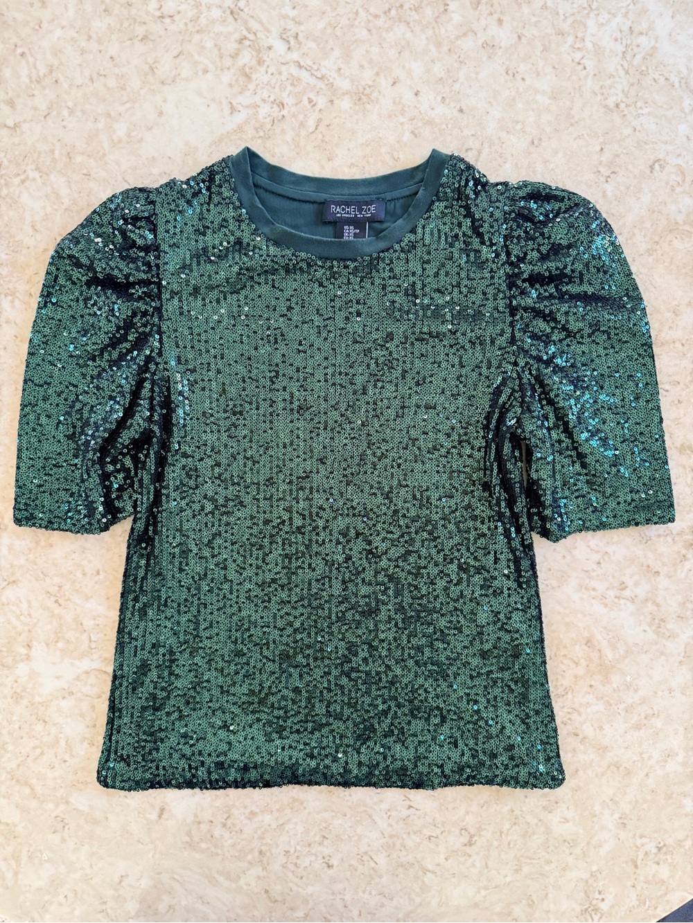 Rachel Zoe Emerald Green Sequin Puff Short Sleeve Top Size XS